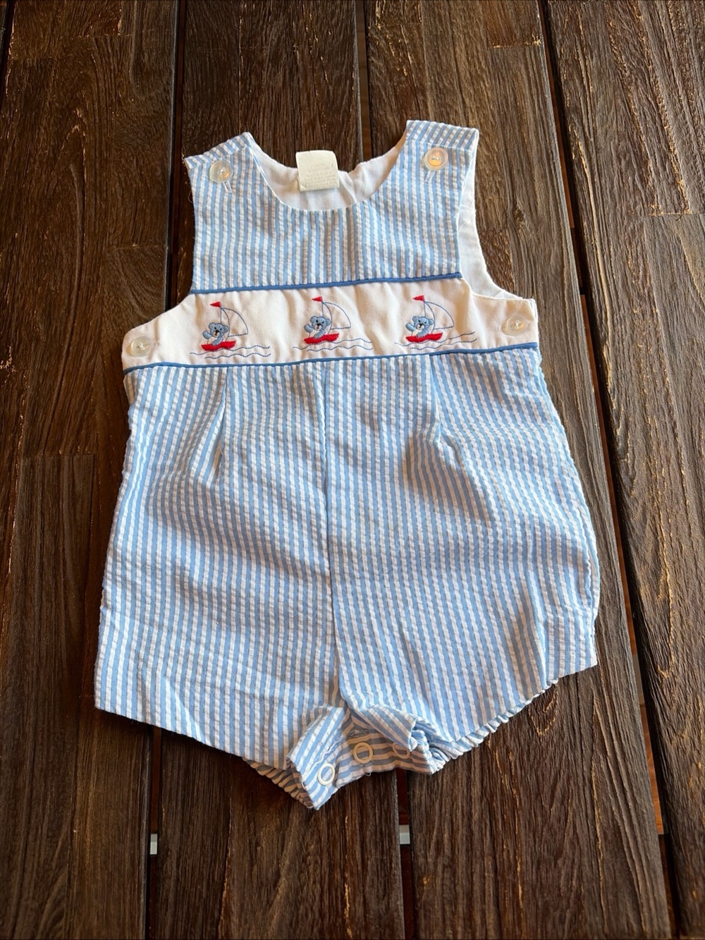 Baby Blue Striped Seersucker Romper Embroidered Nautical Teddy Bear 6-9 Mo